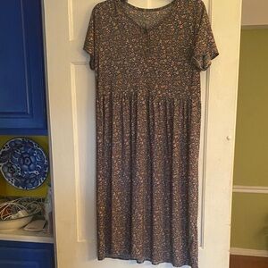 Women's Floral Short-Sleeve Midi Dress - Teal with Pink Floral